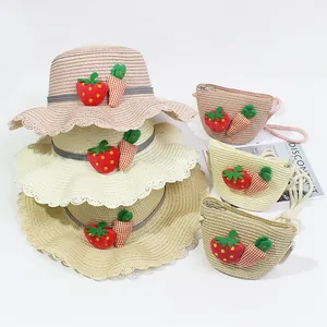 Kids Girls Summer Sun Straw Hat And Straw Crossbody Bag With Cartoon Strawberry Carrot Star Decor Breathable Beach Hat