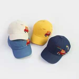 Kids cotton baseball caps featuring cute cartoon bear and happy driving embroidery