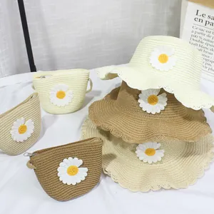 Children Girls Sweet Daisy Straw Sun Hat With Matching Mini Crossbody Bag Wavy Brim Foldable Summer Beach Straw Hat