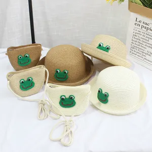 Lindo Sombrero de Paja Con Parche de Rana y Bolso Bandolera Tejido Transpirable Verano Playa Plegable Para Niños Adultos