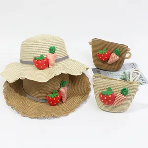 Kids breathable straw hat and matching shoulder bag set with cute plush fruit charms