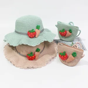 Girls straw hat and matching purse set with cute strawberry and carrot patches