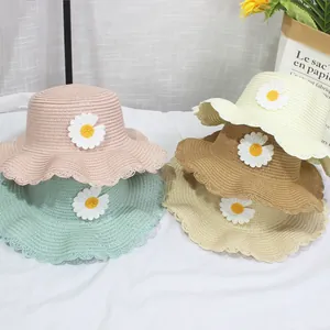 Kids summer straw sun hat with cute daisy floral detail and wavy brim in five colors