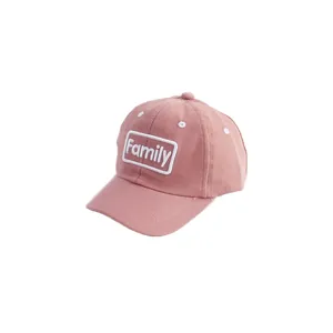 Pink cotton baseball cap for kids with white Family embroidery and breathable vents