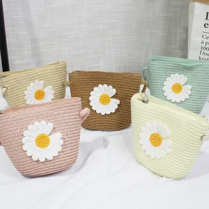 Handmade straw woven crossbody bags for girls with daisy floral patterns in five colors