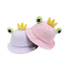 Chapeaux bobs grenouille en coton pour enfants avec couronne jaune et yeux de dessin animé