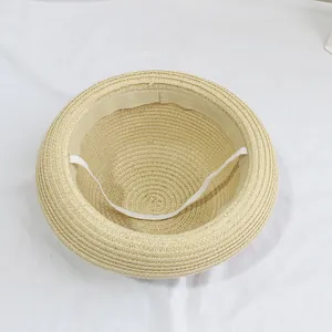 Sombrero de paja para niños con ala enrollada, banda interior y cuerda elástica de viento