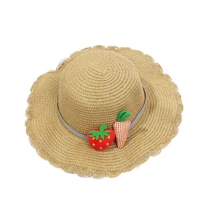 Girls woven straw sun hat with polka dot ribbon and cute strawberry fruit charms