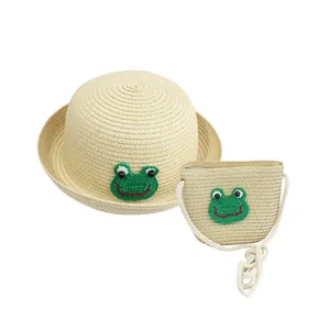 Conjunto de sombrero de paja para niños y mini bolso bandolera con parche de rana verde