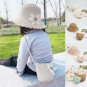Kids summer sun hat and woven bag set with cute floral decor in pastel colors