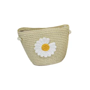 Kids woven straw shoulder bag with cute daisy flower decoration and zipper closure