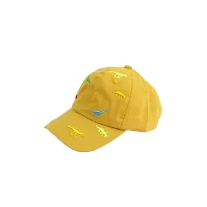 Kids breathable yellow cotton baseball cap with colorful cartoon dinosaur embroidery