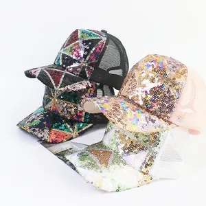 Sequin geometric mesh baseball caps in black, pink, and white styles for women and kids