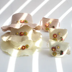 Chapeau de Paille Floral pour Filles Avec Sac Bandoulière Bord Ondulé Pare-Soleil en Paille de Papier Plage Femme Accessoire d'Été