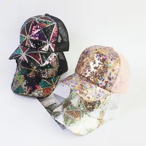 Sparkling multi-color sequin baseball cap with breathable mesh back and geometric pattern