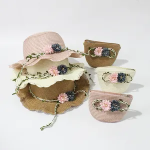 Children Girls Summer Floral Straw Hat And Matching Bag Sun Protection Wavy Brim Beach Bucket Hat For Kids Outdoors