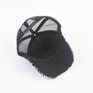 Fashion black mesh baseball cap with colorful geometric sequins and adjustable strap