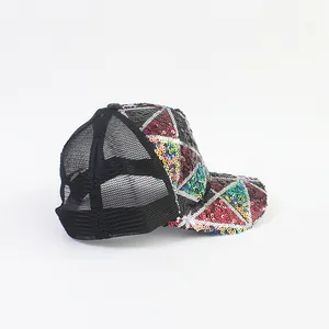 Breathable mesh baseball cap for women with colorful geometric sequin pattern on front