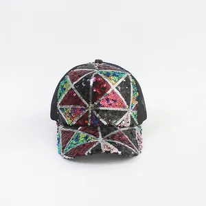 Fashionable sequin trucker hat with colorful geometric patterns and black mesh back for women