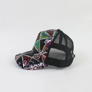 Colorful sequin baseball cap with geometric patterns and breathable black mesh back