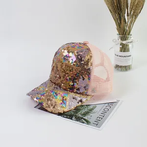 Detail of pink mesh back and colorful sequins on this stylish baseball cap