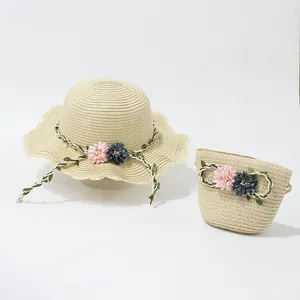 Kids' straw hat and matching bag set with floral decor for beach outings