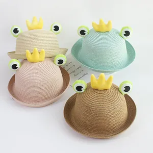 Kids Frog Straw Hat With Crown Decoration Breathable Sun Protection Rolled Brim Woven Summer Beach Hat For Boys Girls
