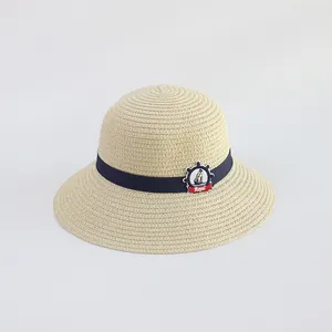 Cappello di paglia per bambini con nastro nautico blu e toppa ancora Royal per estate