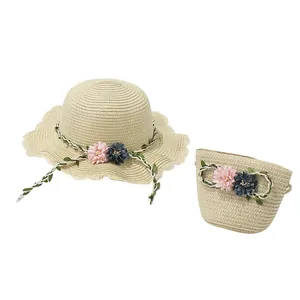 Kids wide brim straw hat and matching bag set with floral decor for beach sun protection