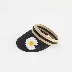 Detail of straw sun visor featuring white daisy embroidery and striped elastic headband