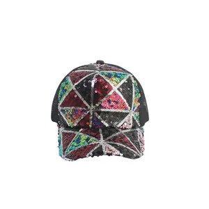 Women's baseball cap with colorful geometric sequins and breathable black mesh back