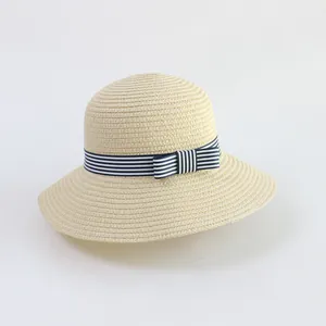 Kids round top straw sun hat with wide brim and blue striped ribbon bow detail