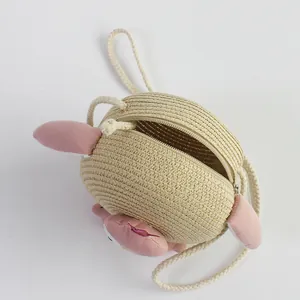 Conjunto de bolso de paja para niños con diseño de pingüino y orejas de peluche rosa