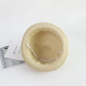 Kids woven straw sun hat with cute frog accent and adjustable windproof strap inside
