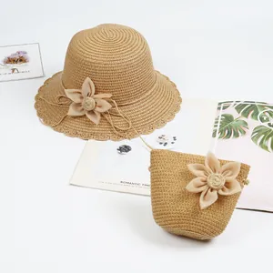 Kids Summer Paper Straw Hat And Bag Floral Decor Sunshade Beach Sun Hat For Girls Cute Outdoor Travel Accessory