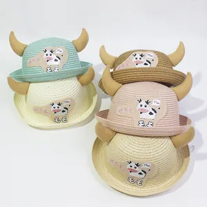 Chapeau de Paille Mignon Dessin Animé pour Enfants Protection Solaire Été Chapeau de Plage Avec Cornes de Vache Nageoires