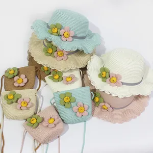 Girls Summer Straw Hat And Crossbody Bag For Kids Sun Protection Wavy Brim Woven Sun Hat With Flowers Ribbon Cute Beach Hat