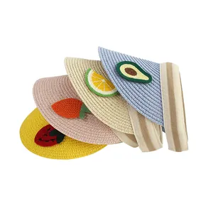 Women's summer breathable open top straw sun hat with cute knitted fruit patches