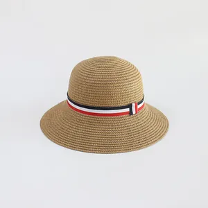 Cappello di paglia per bambini con nastro a righe rosso bianco e blu per la protezione solare