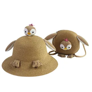 Conjunto de sombrero de paja de pingüino para niños y bolso bandolera a juego para playa y verano
