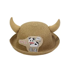 Chapeau de soleil en paille pour enfants avec patch vache et oreilles mignonnes