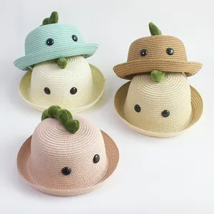 Sombrero de Sol de Verano de Dinosaurio para Niños Niñas Sombrero de Pescador de Paja Tejida Protección Solar Playa Aire Libre
