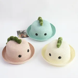 Lindos sombreros de paja de dinosaurio para niños en verde, rosa y beige para el verano