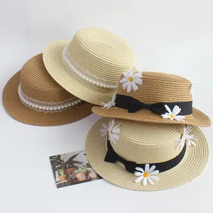Chapeau de Paille Élégant à Bord Plat Style Français pour Femme Enfant Protection Solaire d'Été avec Künstliche Perle Dentelle Ruban Marguerite