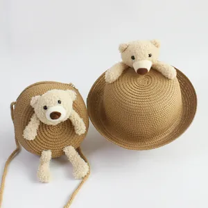 Kids cute bear straw sun hat and matching crossbody bag set in deep khaki finish