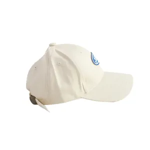 Kids cream cotton baseball cap with blue embroidery and metal adjustable strap
