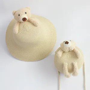 Cute kids straw sun hat and bear crossbody bag set with wide brim for baby girls and boys
