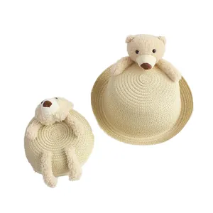 Kids cute bear straw sun hat with 3D plush ornament and wide roll brim for summer