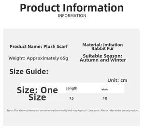 Size chart showing faux rabbit fur dinosaur scarf dimensions 75x10cm for autumn winter