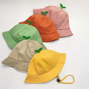 Cute Kids Sprout Cotton Bucket Hat With Adjustable Windproof Rope Breathable Sun Protection Outdoor Fisherman Hat For Baby Boys Girls